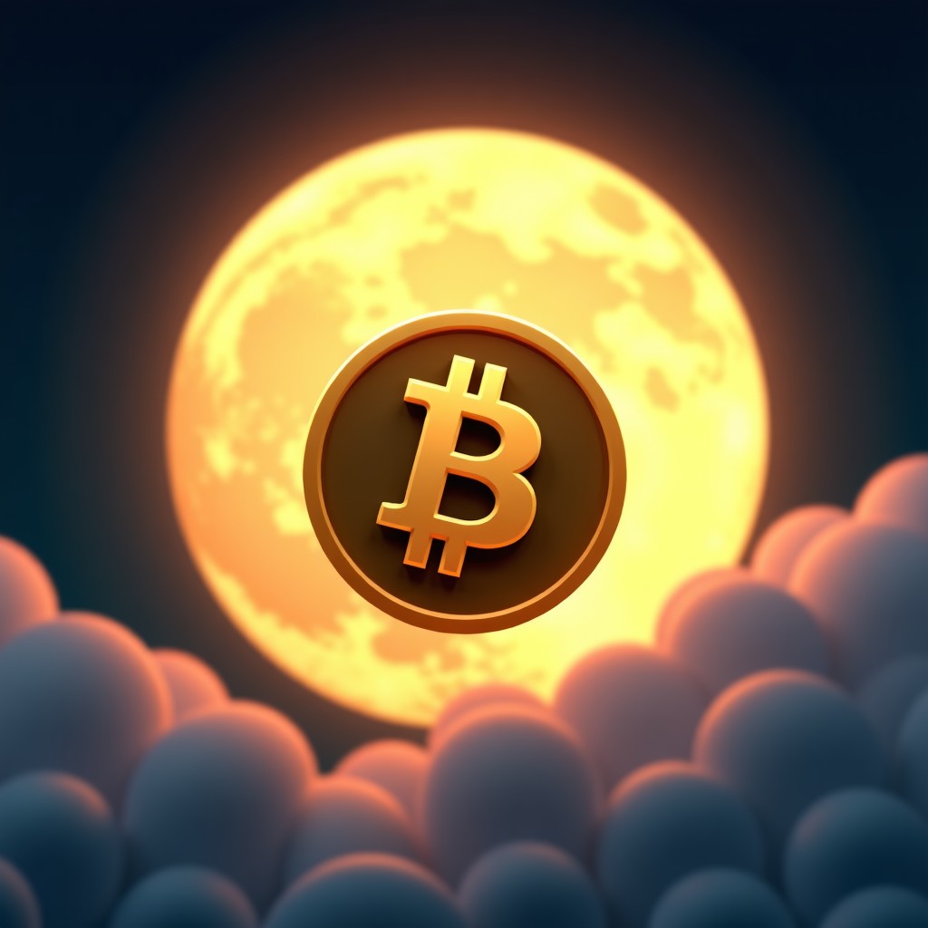 A golden bitcoin coin floating in the night sky with a giant glowing full moon behind it, cinematic lighting, 4:3