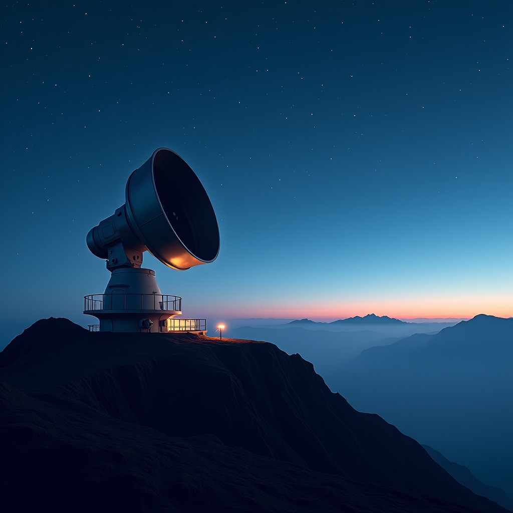 A massive high-precision astronomical telescope located on a high mountain peak at night, starry sky background, majestic and scientific atmosphere, cinematic lighting, 4:3