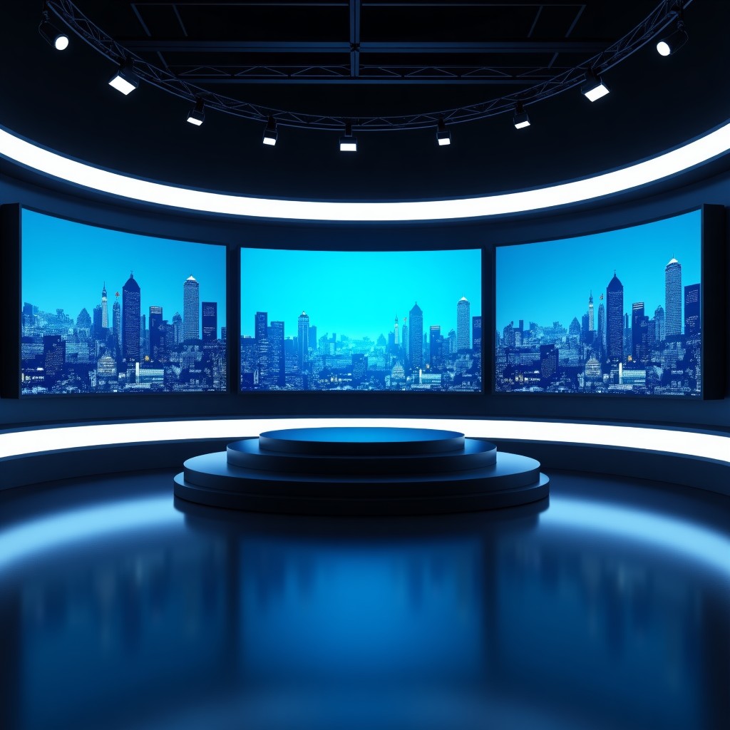 A professional modern television news studio with high-end screens displaying abstract legal symbols and a night cityscape, cinematic lighting, 4:3