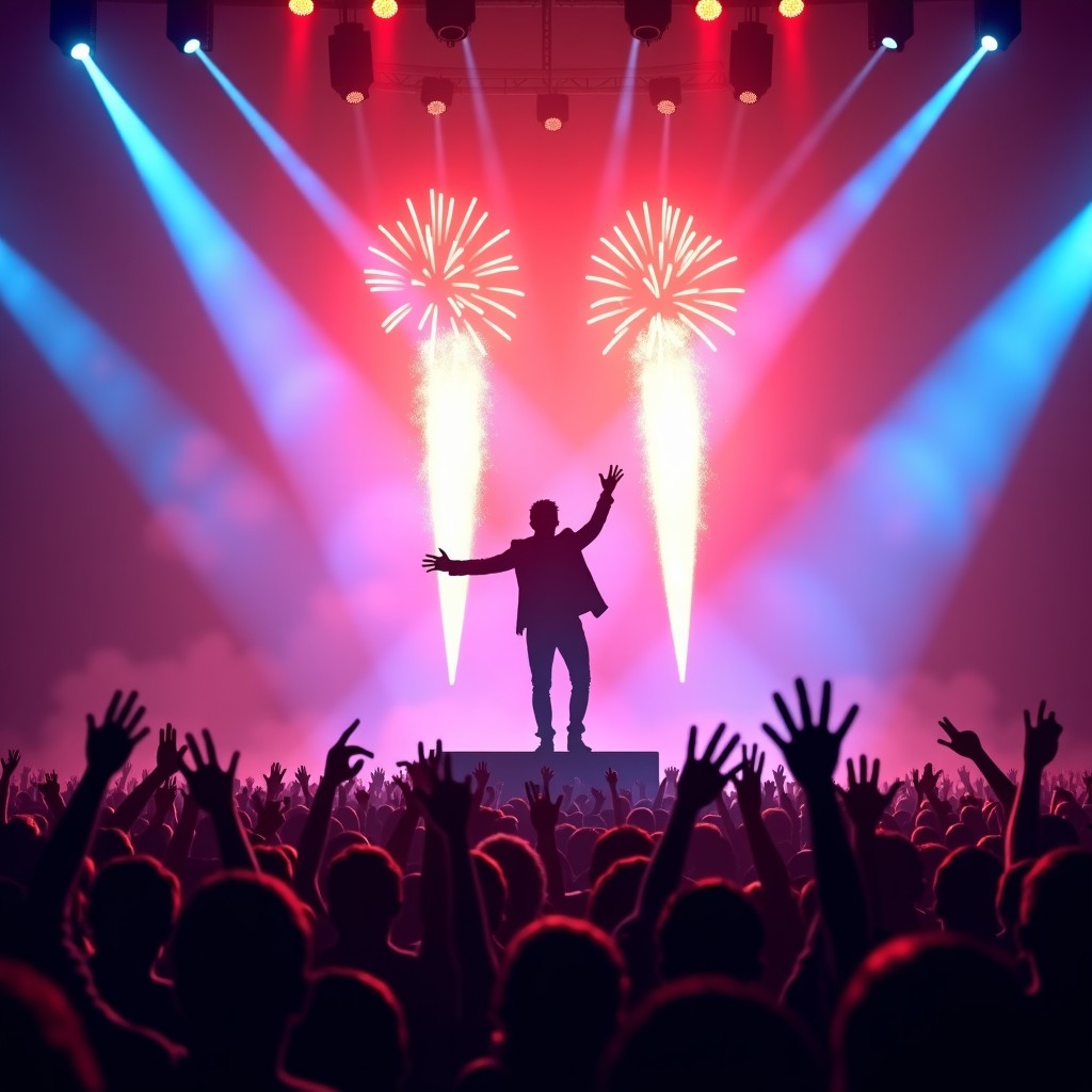 A world famous Latin pop star performing on a massive Super Bowl stage, vibrant neon lighting, fireworks in the background, huge cheering crowd, artistic concert rendering, 4:3