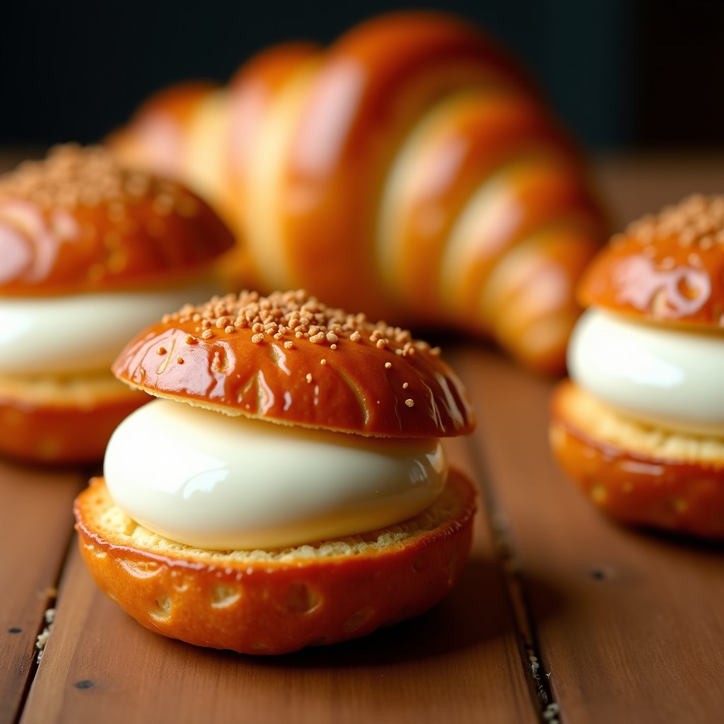 Close-up photo of delicious bakery items like croissants and cream cakes on a wooden table. Warm lighting, realistic textures of the flaky pastry and smooth cream. 4:3
