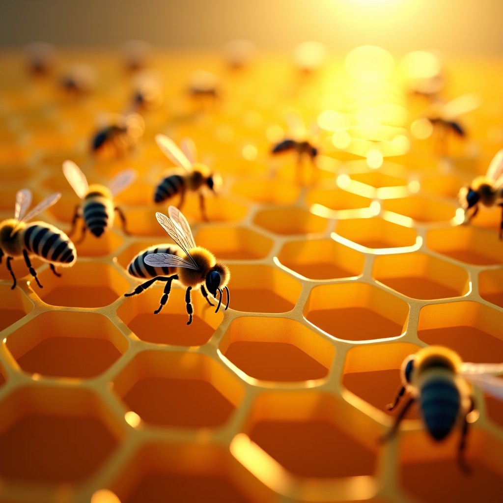 A detailed view of bees working inside a golden honeycomb hive. Soft warm lighting highlighting the hexagonal structures and the busy bees. Realistic 3D render style. 4:3