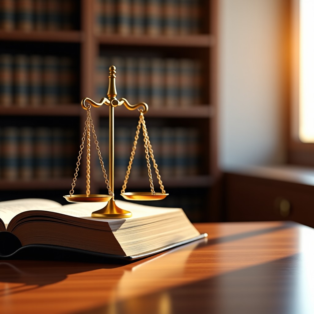 A professional and clean infographic style image showing a golden scale of justice and a thick law book on a polished wooden desk. The background is a blurred law library with soft warm lighting. High contrast, modern layout, 4:3