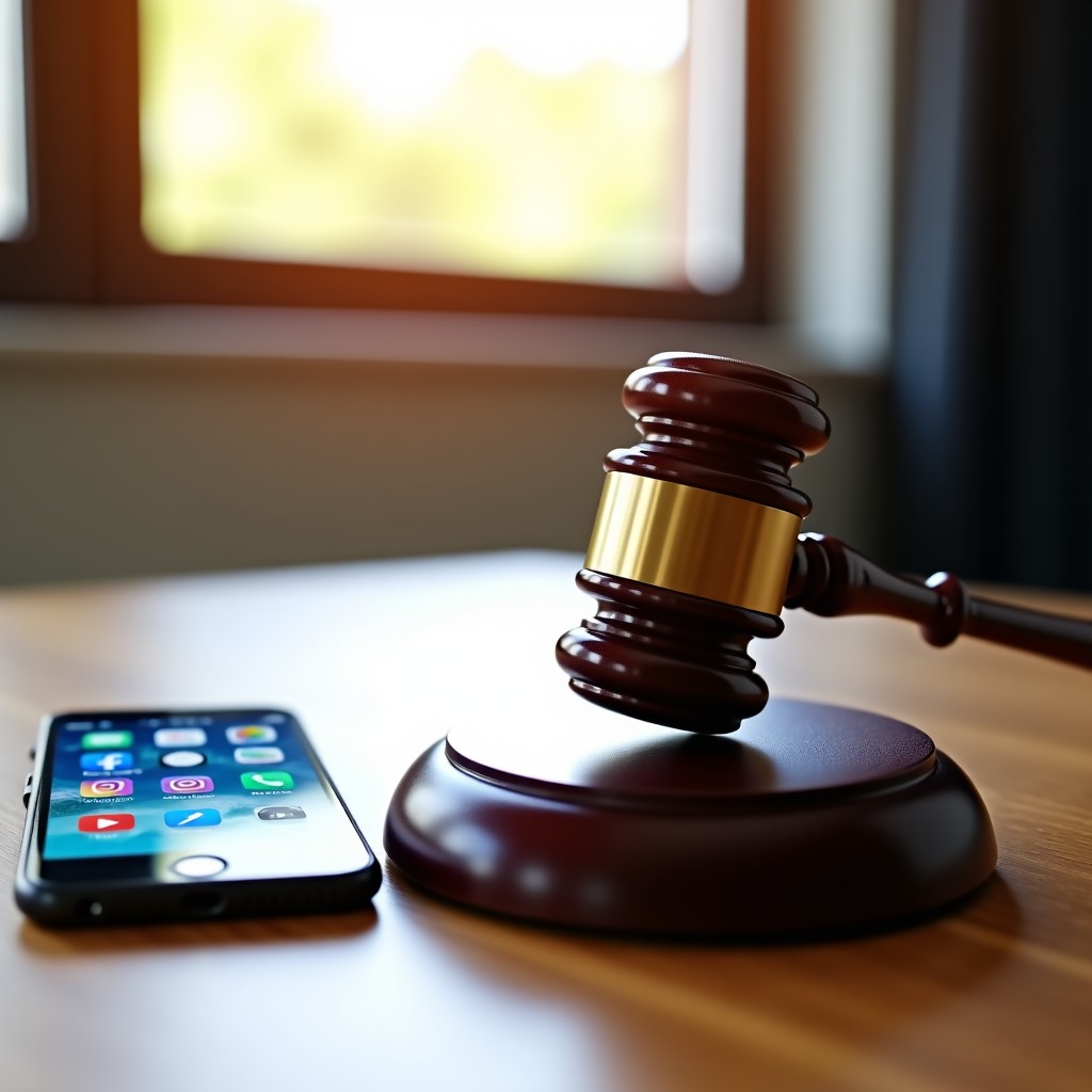 A wooden judge gavel resting on a desk next to a modern smartphone displaying social media icons, professional legal setting, soft sunlight coming from a window, realistic texture, 4:3