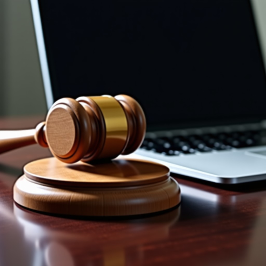 A closeup of a wooden judge gavel resting next to a modern high-end laptop on a dark mahogany desk. Moody lighting, symbolic of legal tech investigation. No text. 1:1
