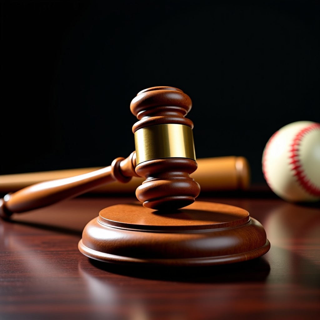 A wooden gavel of a judge and a baseball bat resting on a dark mahogany desk, dramatic lighting, high contrast, symbolic of legal judgment in sports, 1:1