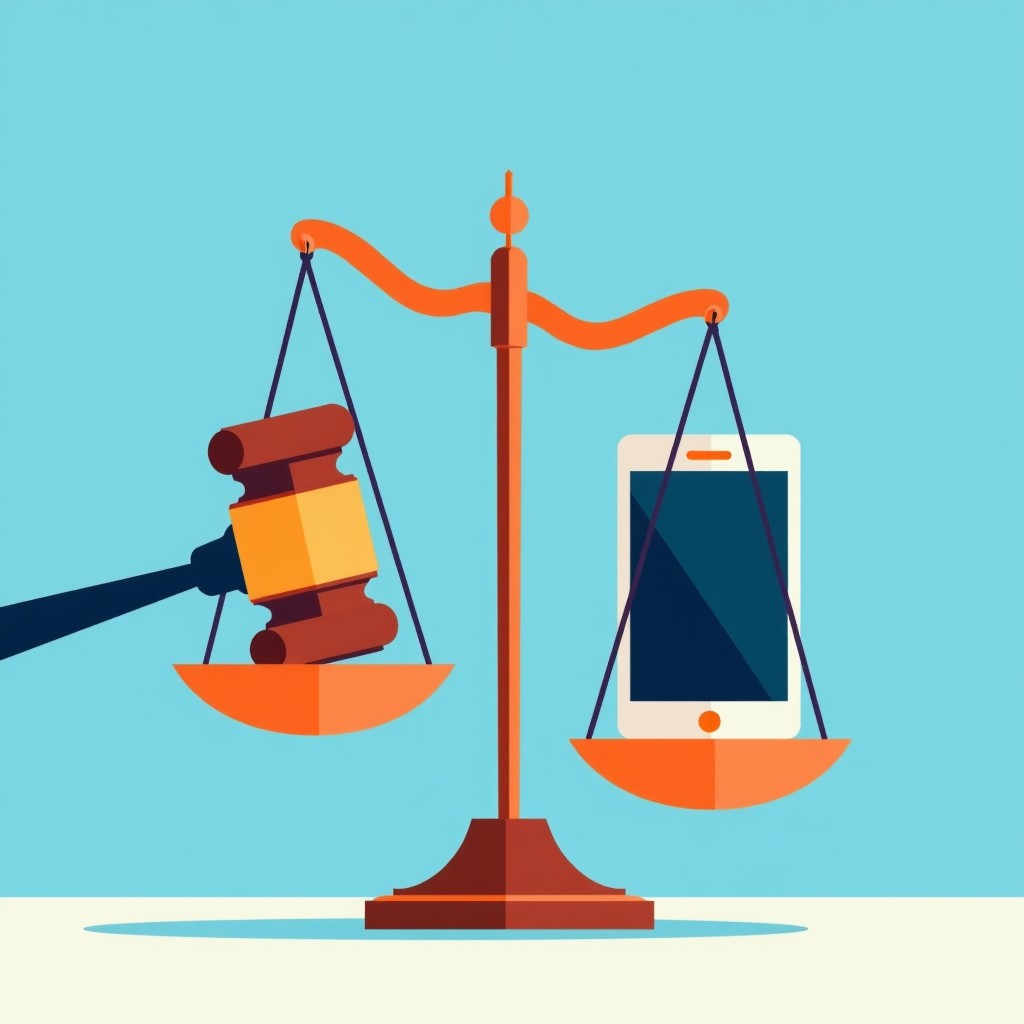 A conceptual illustration of a digital scale balancing a smartphone and a wooden gavel, high contrast, clean modern graphic style, blue and orange tones, 4:3