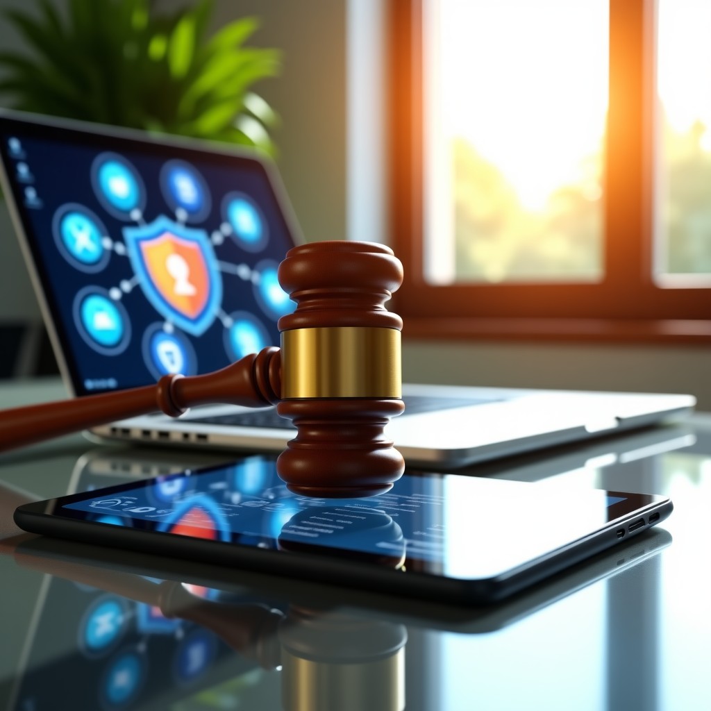 A modern wooden gavel on a glass office desk next to a sleek tablet displaying digital security shields. Sunlight from a window creates a bright and hopeful atmosphere. 4:3