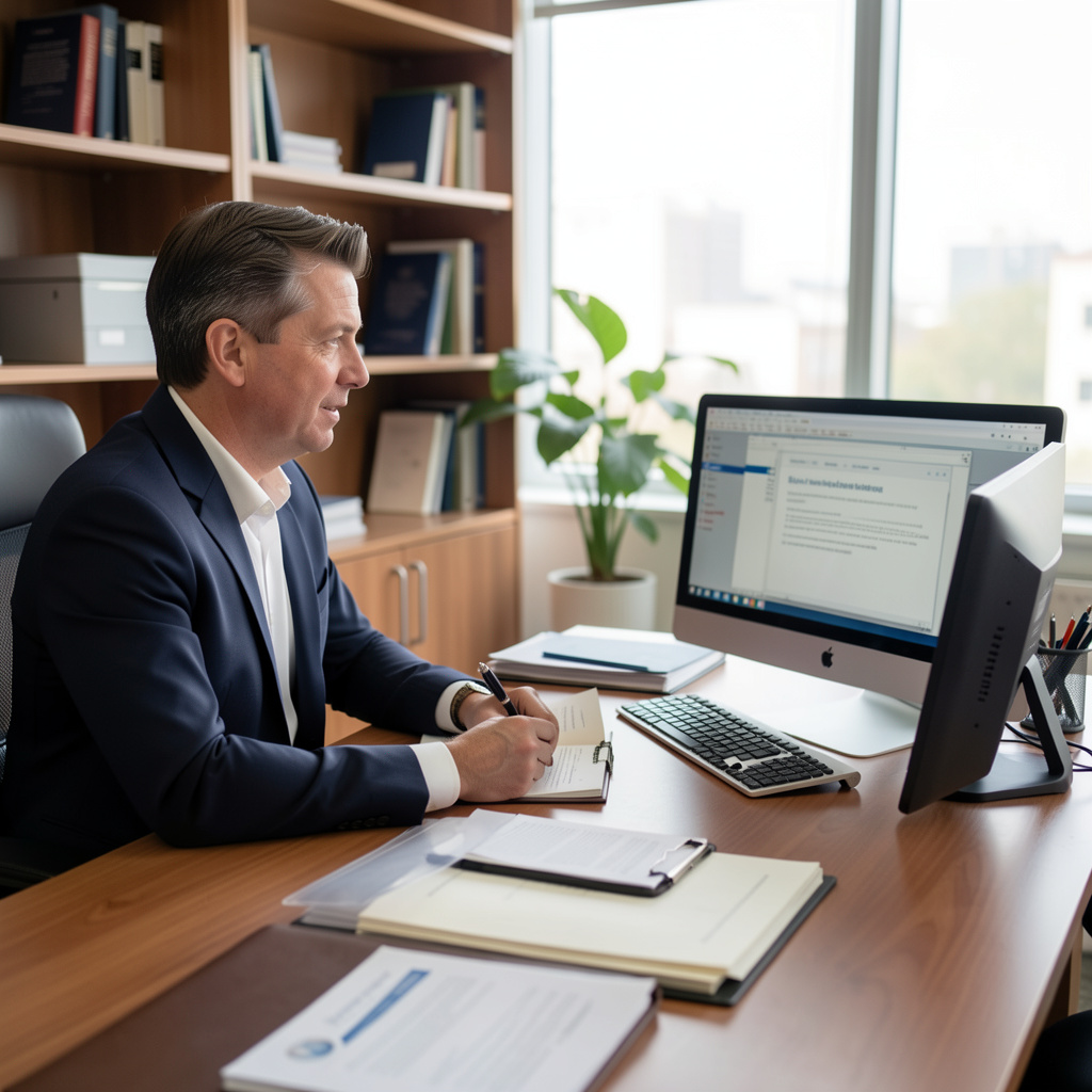 A person receiving legal advice from a lawyer in a professional office setting, with documents and a computer, 4:3