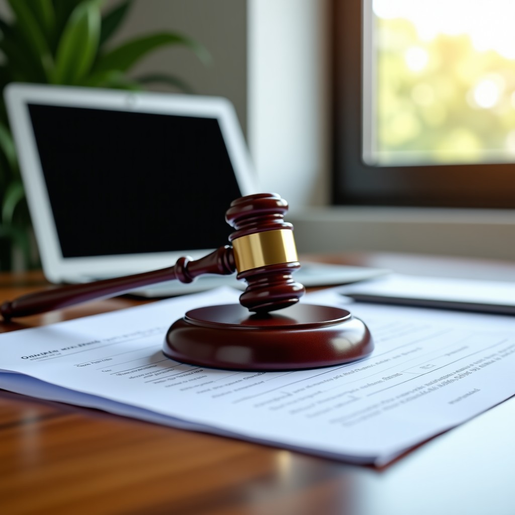 A professional desk with a wooden gavel and legal documents related to digital laws, modern office setting with soft natural light, 1:1