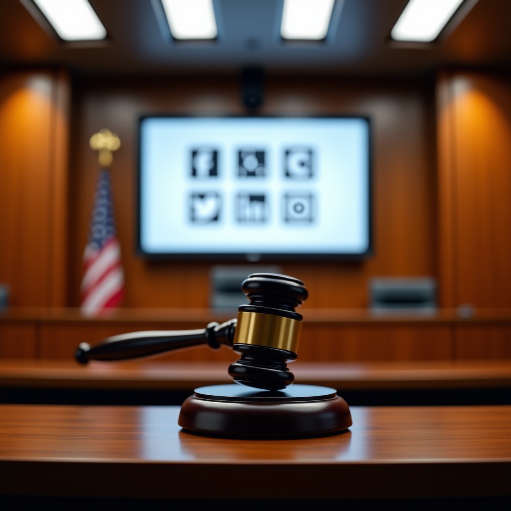 A modern courtroom interior with a wooden judge's bench, a digital screen showing social media icons in the background, professional and serious atmosphere, high contrast, 4:3