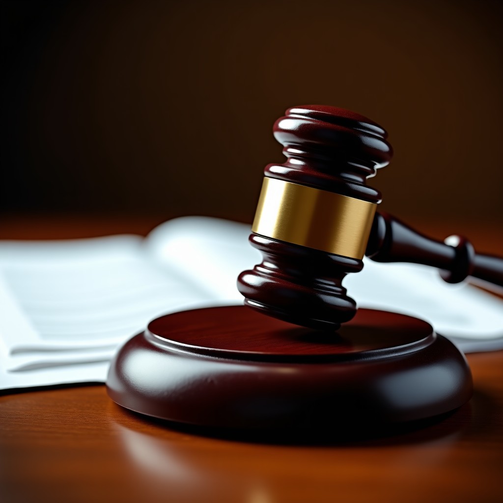 A high-contrast, moody scene of a wooden gavel on a judge's bench with blurred documents in the background, representing a solemn court verdict. 4:3