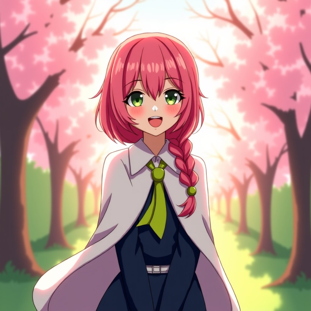 A warm lifestyle photograph of a cheerful female character with pink and lime green braided hair wearing a white cloak over a dark uniform. She is surrounded by cherry blossoms in a garden with soft sunlight. 1:1
