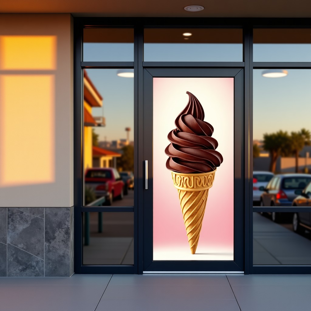A high-quality lifestyle photograph of a modern Baskin Robbins ice cream shop entrance. A vibrant promotional poster of a chocolate brownie ice cream is displayed on the glass door. Warm sunlight reflects on the window. 4:3