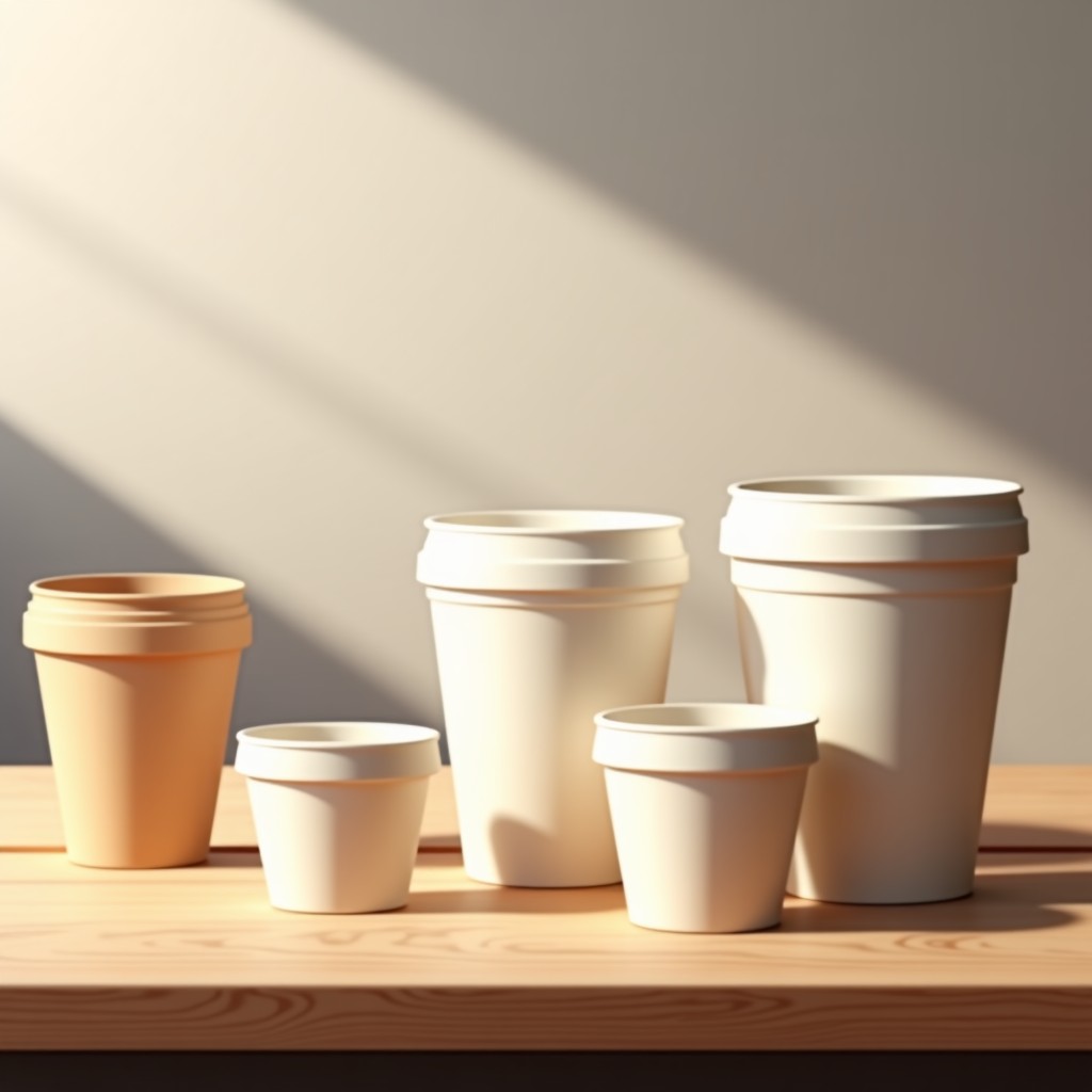 High-angle shot of various sizes of ice cream paper tubs on a wooden table. Minimalist and clean background with soft shadows. Modern cafe atmosphere. 4:3
