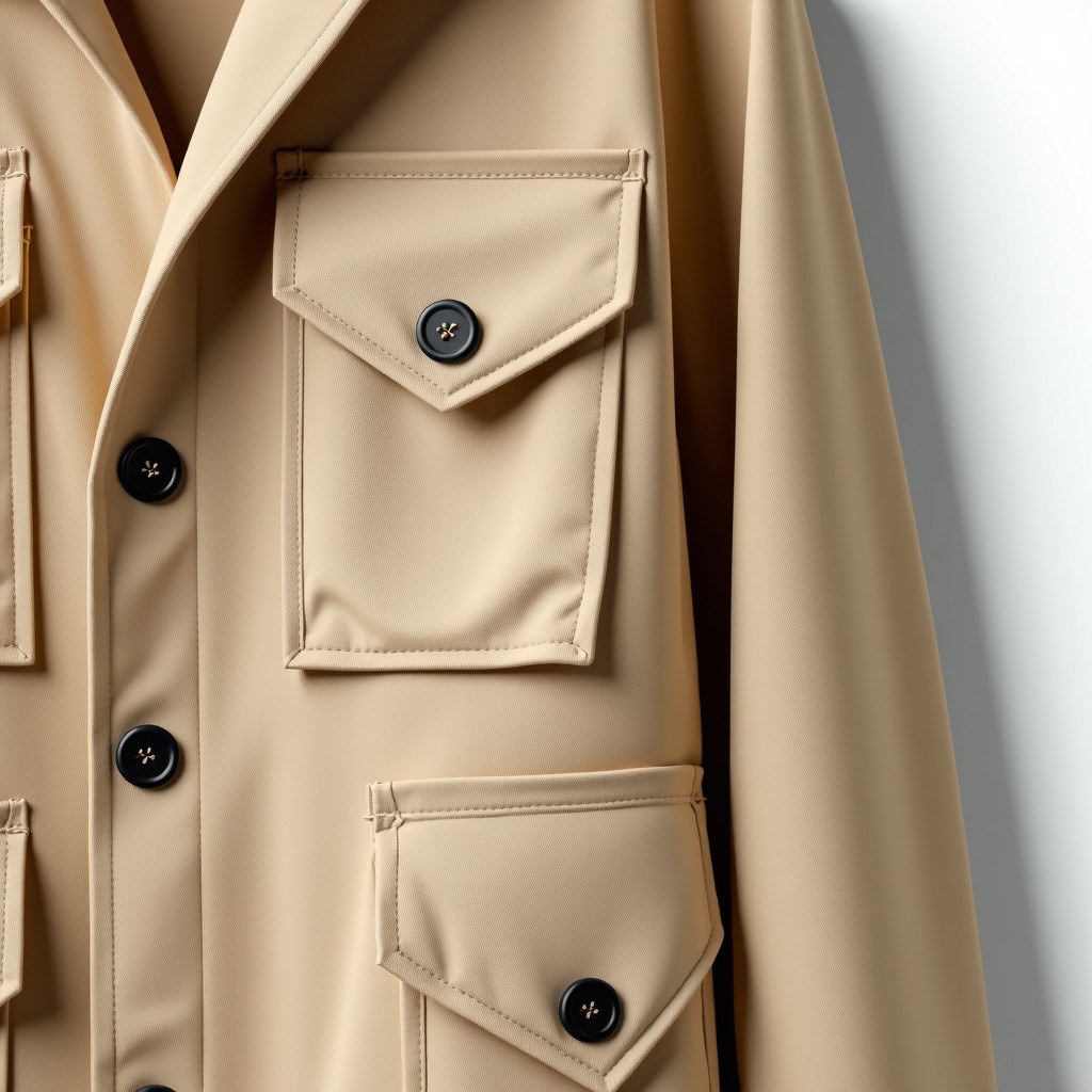 Detailed close up of a beige cotton bomber jacket with vintage textures, multiple small pockets, aesthetic pin badges attached, clean minimalist background, professional fashion product photography, 4:3