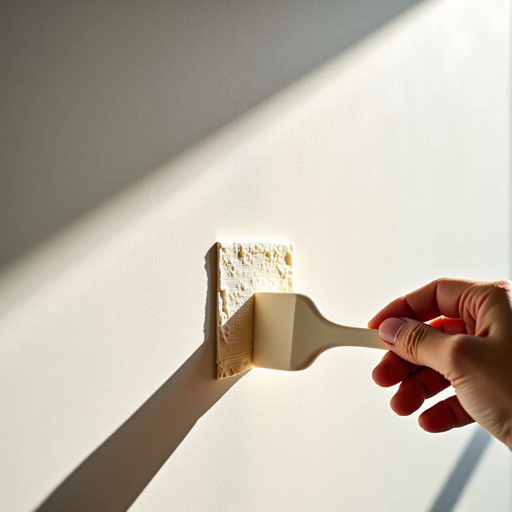A hand using a small plastic spatula to apply a thin layer of textured cotton fiber wallpaper onto a room wall, showing the unique fiber texture, close-up, natural lighting. 1:1