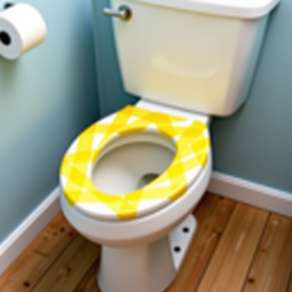 A toilet seat covered with clear thick plastic wrap and sealed with yellow box tape instructional view clean bathroom 4:3