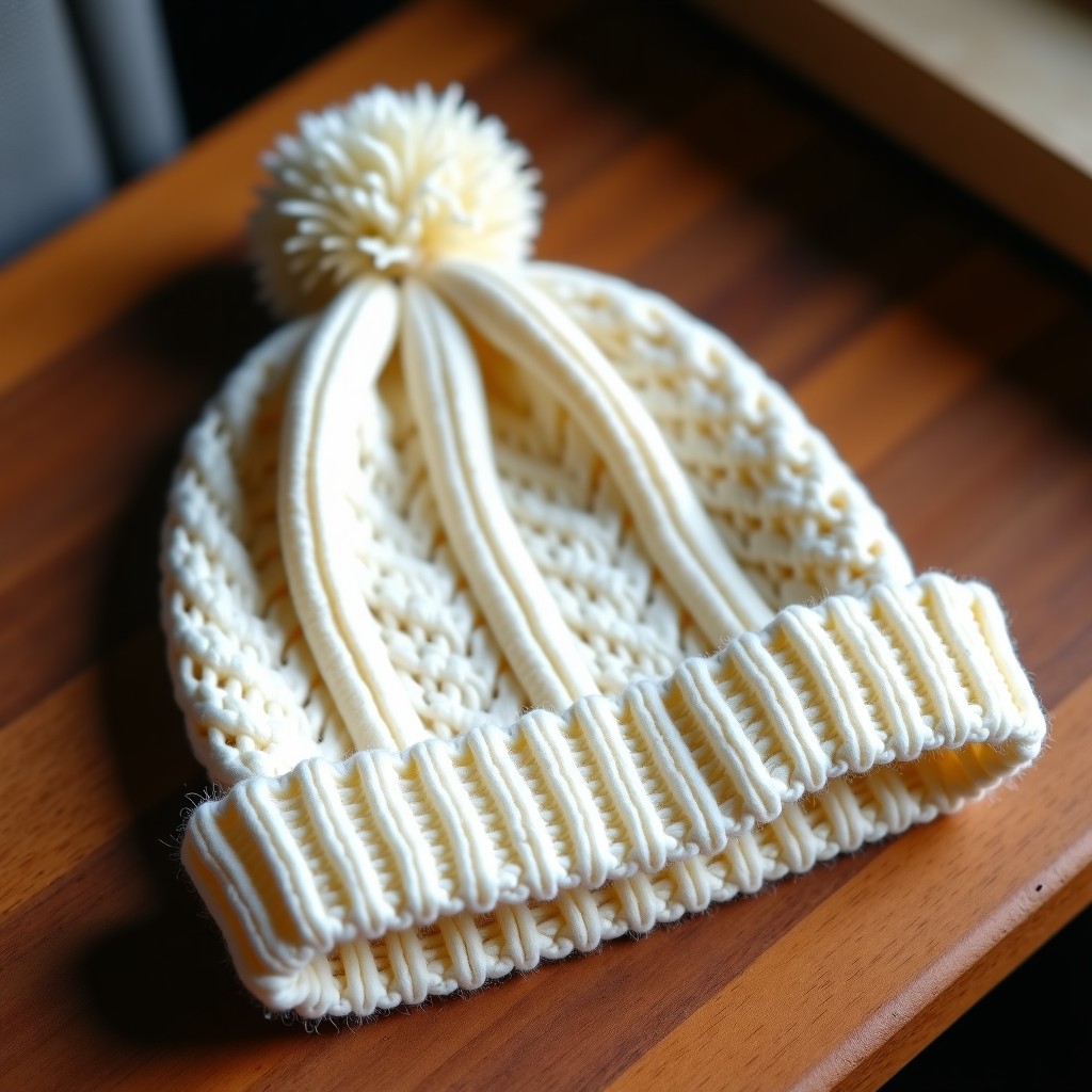 A stylish ivory knit beanie with subtle star patterns, distressed raw edges, placed on a wooden table with soft shadows, cozy and trendy atmosphere, high resolution, 4:3