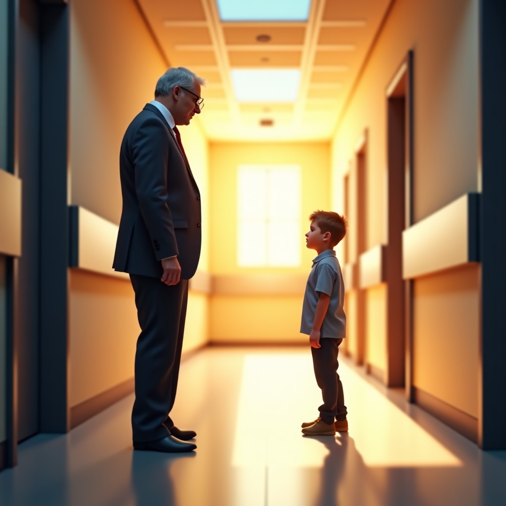 A middle aged man in a suit standing in a sunlit hospital hallway, looking surprised and emotional as he watches a young boy walking steadily, warm lighting, 4:3