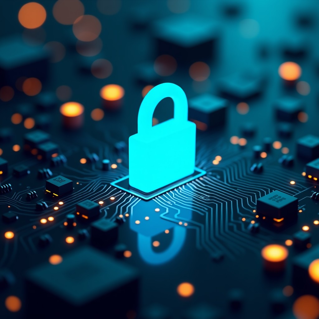 A high-quality close-up of a digital padlock glowing on a circuit board background, cyan and orange lighting contrast, 4:3