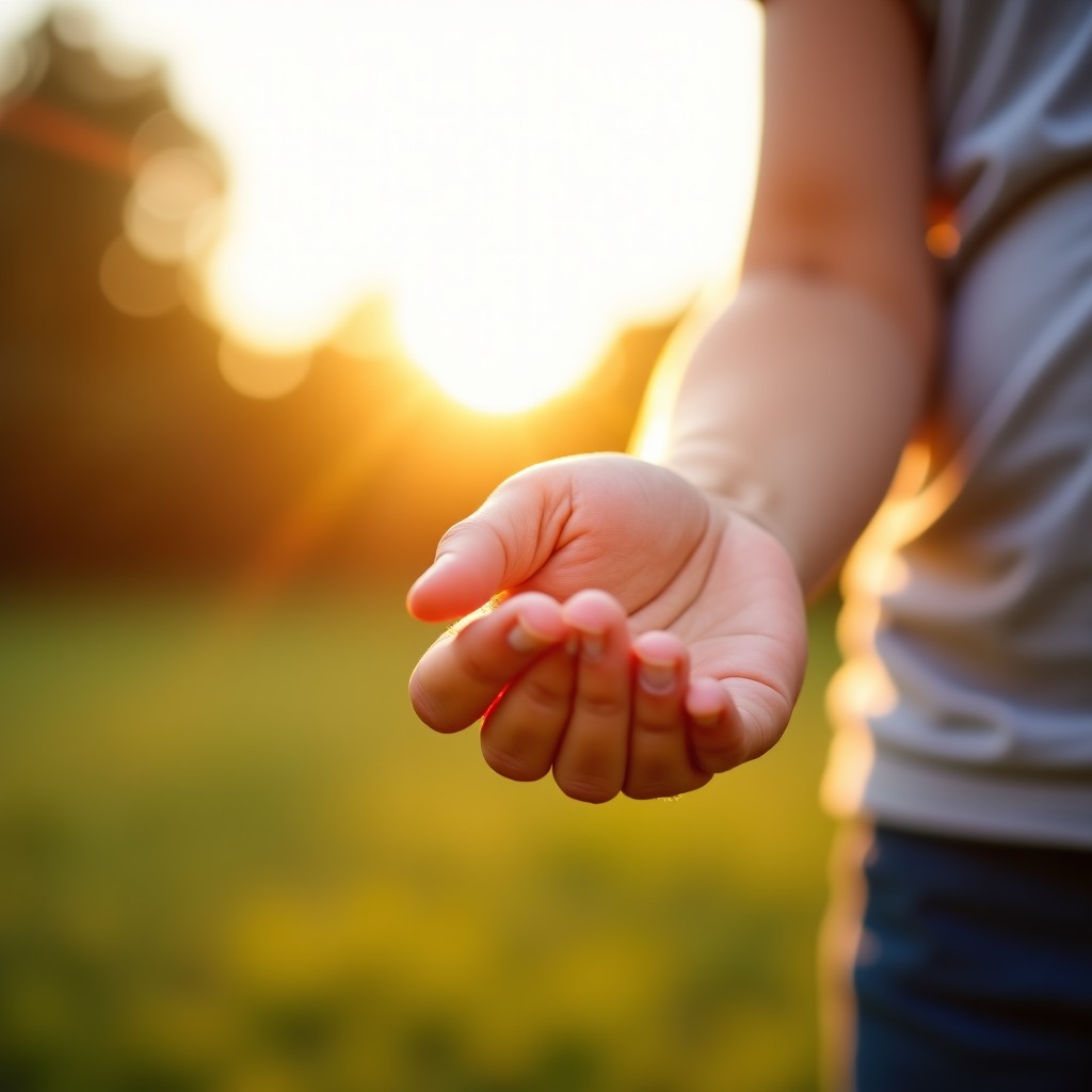 close up shot of a warm adult hand gently holding a small child hand in a bright outdoor setting, soft sun flares, symbol of protection and safety, high quality photography, no text, 4:3