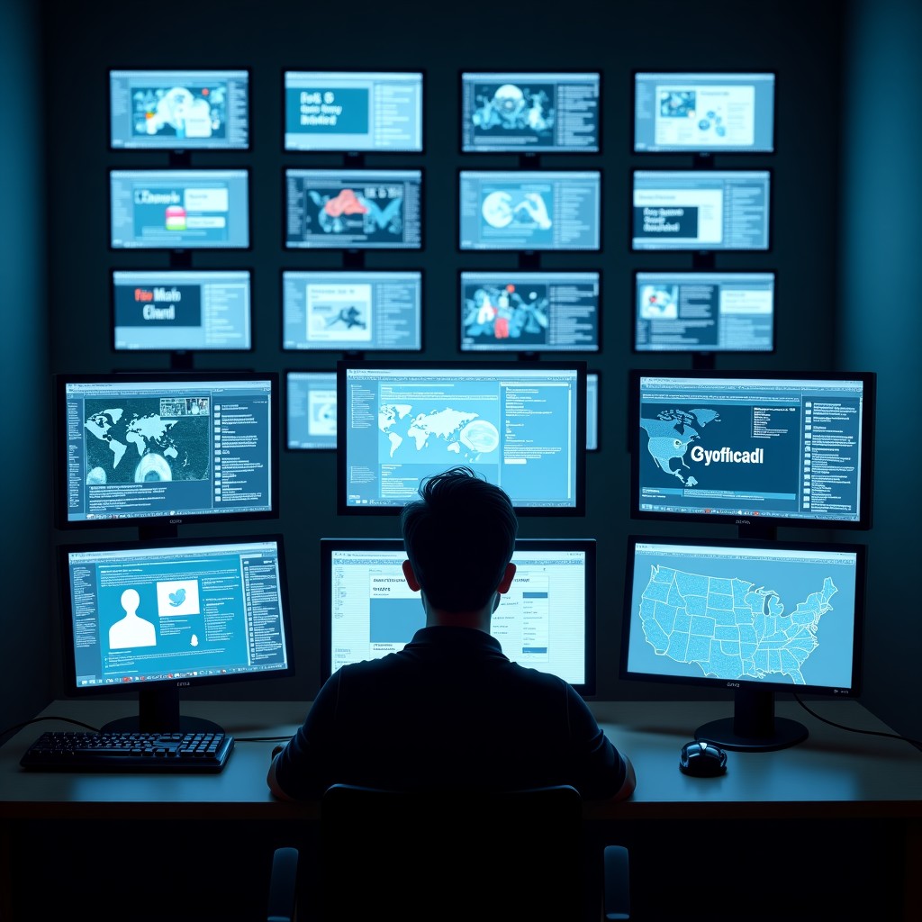 A dark room with a grid of glowing computer monitors displaying chaotic social media feeds and digital interference, a silhouette of a person sitting in front, 4:3