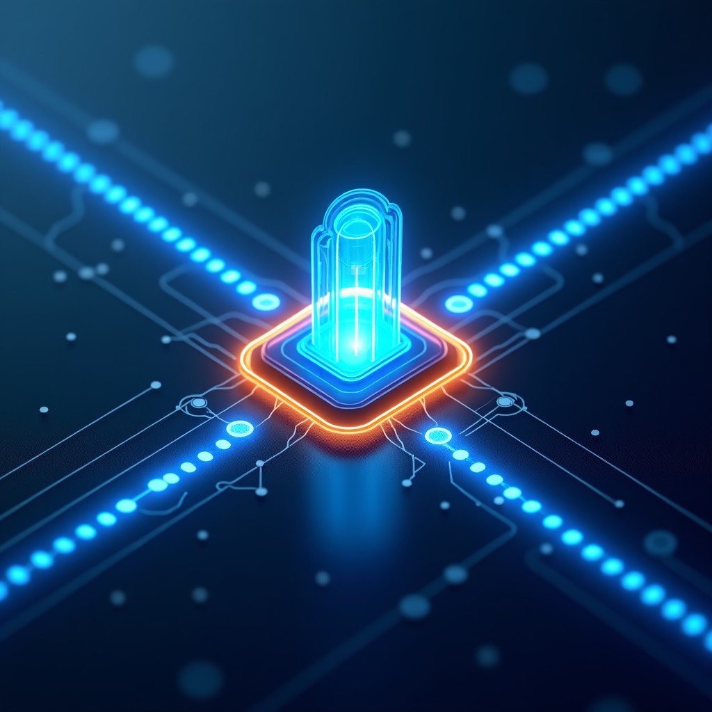 A conceptual visualization of digital guardrails protecting a glowing AI core, futuristic security interface, blue and gold light highlights, high contrast, clean infographic style, 4:3
