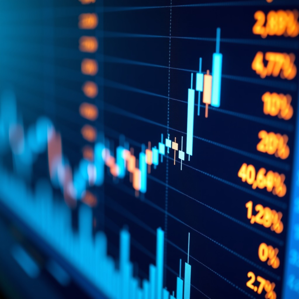 A close-up view of a digital financial dashboard showing various stock market indices, candlesticks, and percentage changes. The colors are vibrant blue and orange against a dark background, creating a high-tech and analytical feel. No text or numbers are clearly readable. 4:3
