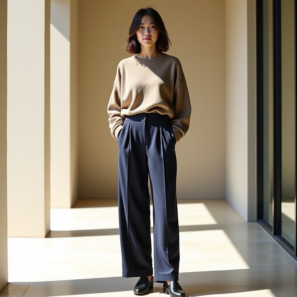 Full body shot of a Korean woman wearing a navy tweed pants and a matching silk knit, standing in a stylish minimalist architectural space, soft sunlight, 1:1