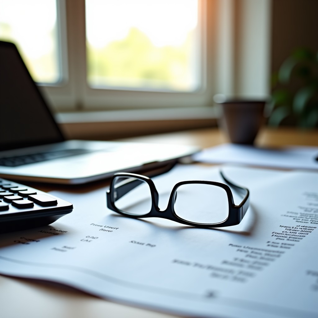 A professional desk with real estate contracts, a modern calculator, and a pair of eyeglasses. The setting is bright and clean, symbolizing financial planning and tax calculation. High-quality lifestyle photography, soft natural lighting. 4:3