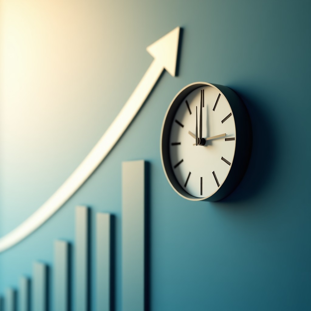 An abstract conceptual image of a wall clock and rising arrows representing economic cycles and policy changes, soft bokeh background, 1:1