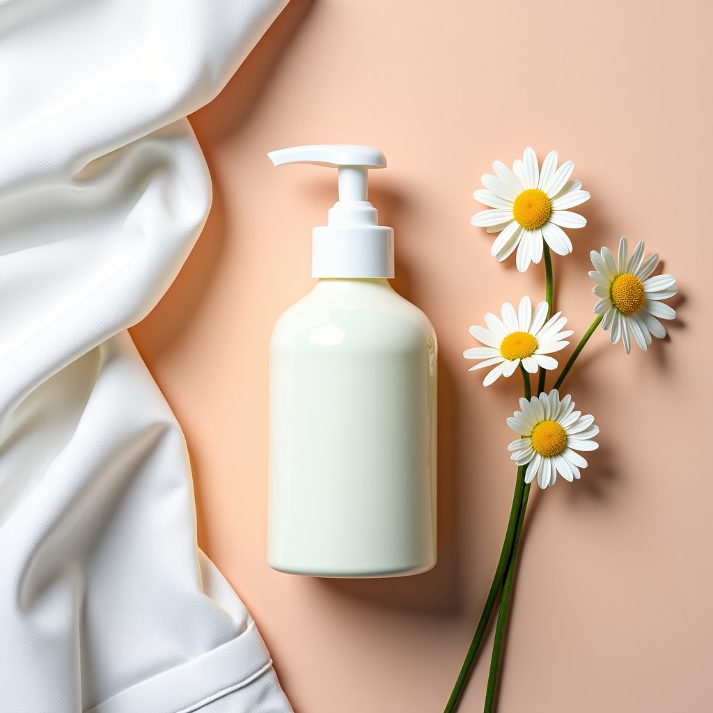 A flat lay composition of a white baby towel, a bottle of body wash, and small chamomile flowers. Soft pastel colors and clean aesthetic. 1:1
