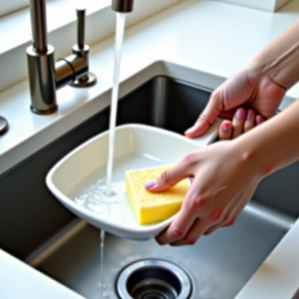 Hands gently washing a white square ceramic frying pan with a soft sponge under warm running water in a modern kitchen sink. Bright and clean atmosphere. No text. 4:3