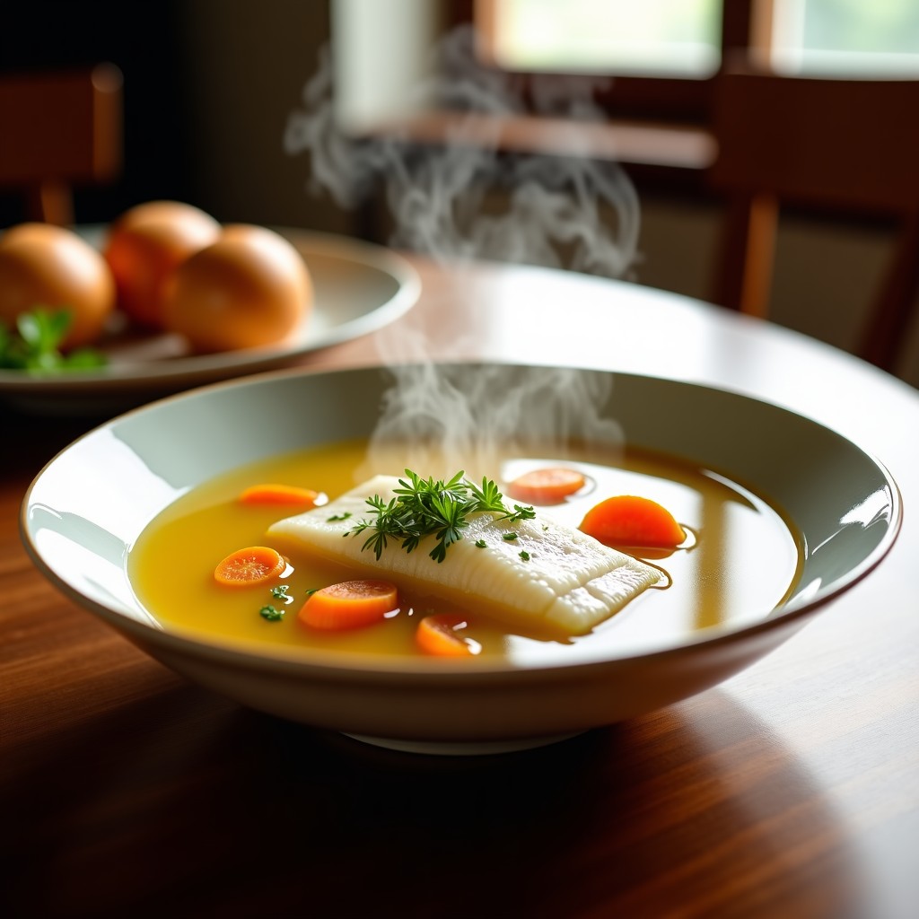 Lifestyle photography of a steaming bowl of white fish soup with soft boiled carrots and zucchini. Warm lighting, natural setting on a dining table, cozy atmosphere. 4:3