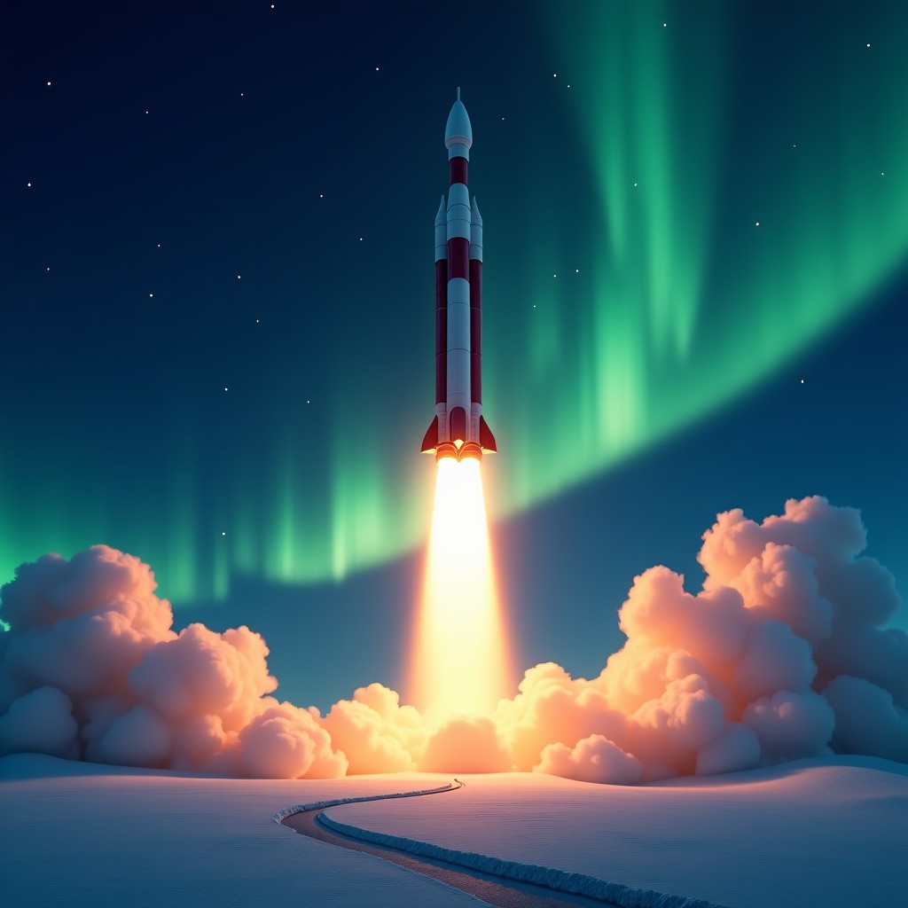 A powerful orbital rocket blasting off from a launchpad in a snow-covered Arctic landscape at night. The sky is filled with a vibrant aurora borealis and distant stars. The exhaust flame illuminates the dark valley and frozen ground. Cinematic lighting, high resolution, realistic style. 4:3