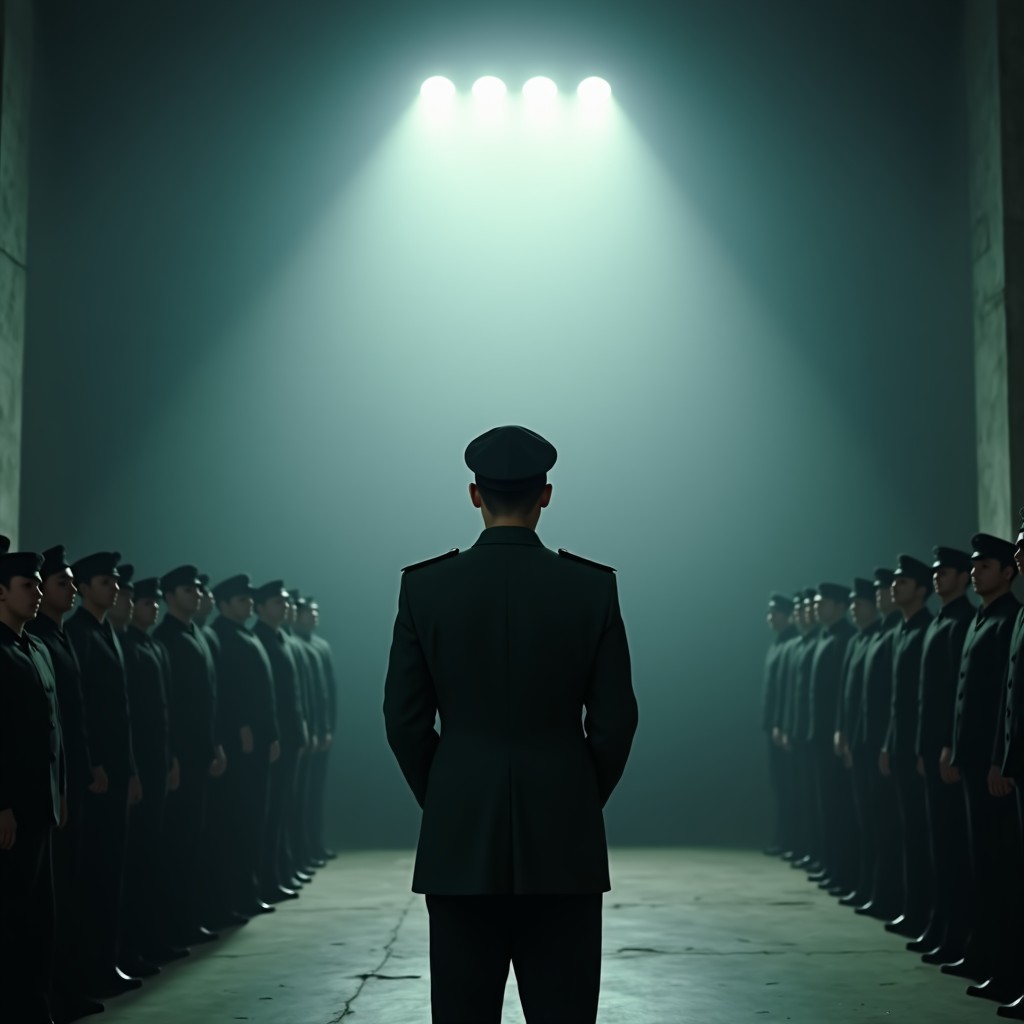 A cinematic scene of a North Korean military officer standing in front of a group of people dressed in simple choir outfits in a dimly lit, cold concrete hall. The atmosphere is tense and mysterious. High-quality cinematography, dramatic lighting, 4:3