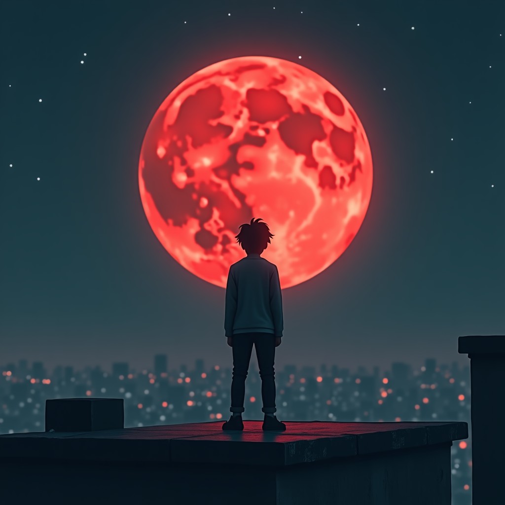 A cinematic shot of a lone teenage boy standing on a ruined concrete rooftop, looking up at a massive, ominous red moon in a dark, starry sky. The atmosphere is melancholic and post-apocalyptic. Cinematic lighting, deep shadows, 4:3