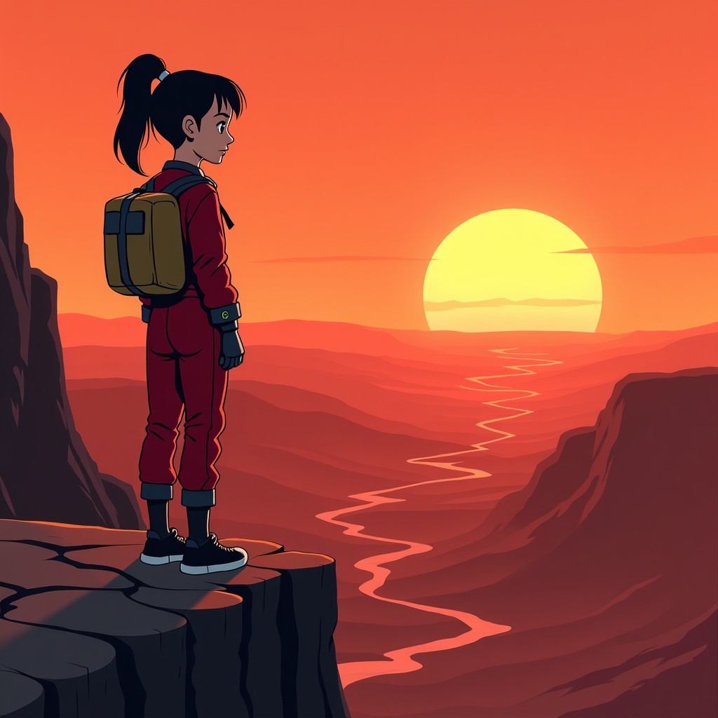A teenage girl with an eye patch and a red pilot suit standing at the edge of a cliff, looking out over a vast, desolate red landscape. The ground is cracked and barren. Dramatic sunset, wide perspective, 4:3