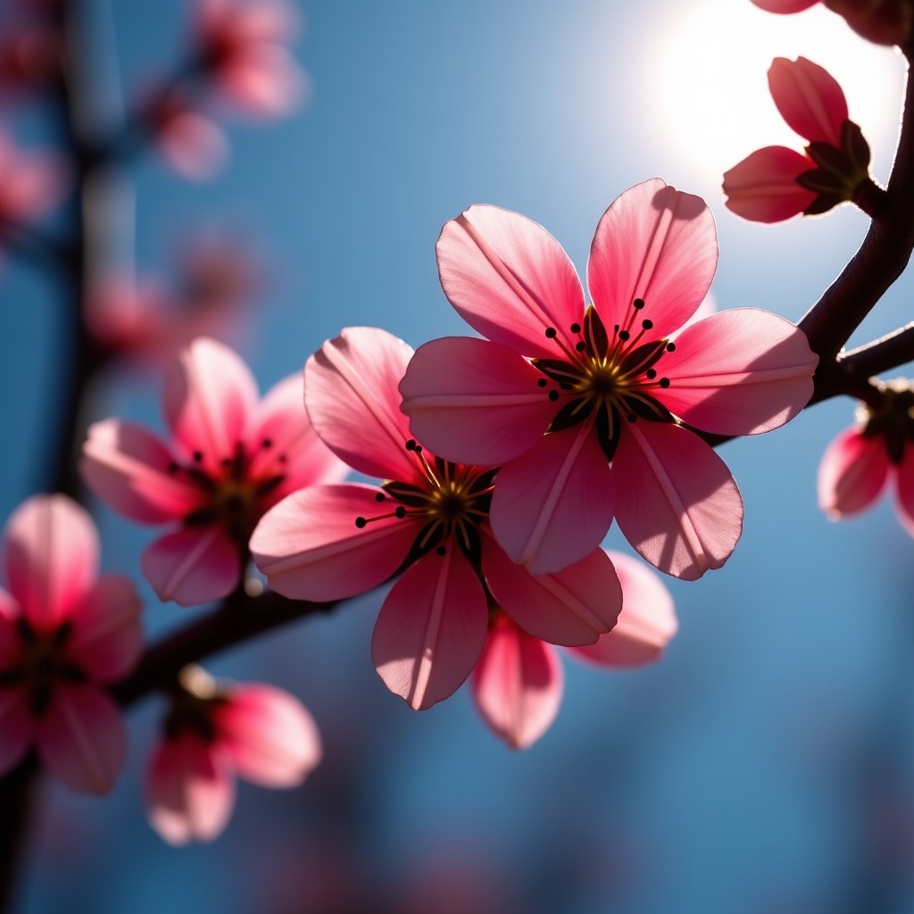 Detailed close-up of red plum blossoms on a branch with a deep blue sky in the background and soft morning sunlight. 4:3