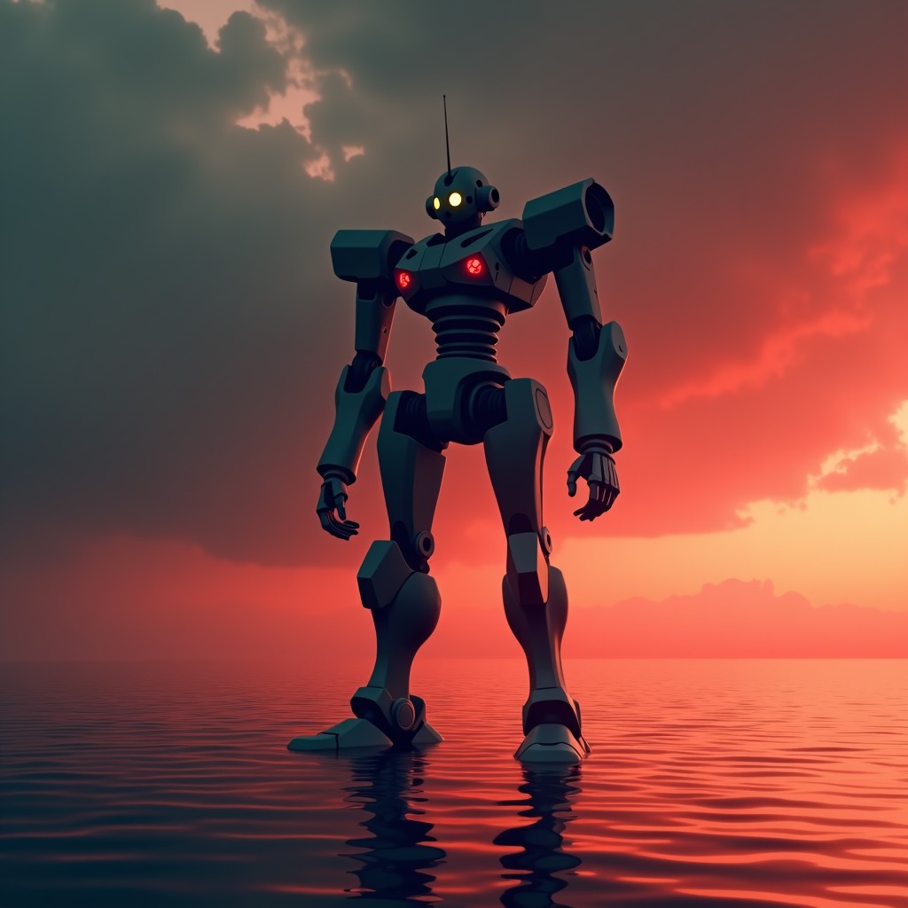 A cinematic shot of a giant humanoid robot Evangelion standing in a desolate red ocean under a dark cloudy sky, cinematic lighting, highly detailed mechanical design, post-apocalyptic atmosphere, 4:3
