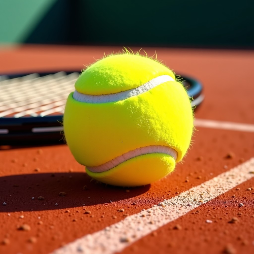 Close-up of a bright orange clay tennis court surface with a yellow tennis ball and racket, fine dust texture, natural sunlight, professional sports equipment aesthetic. 1:1