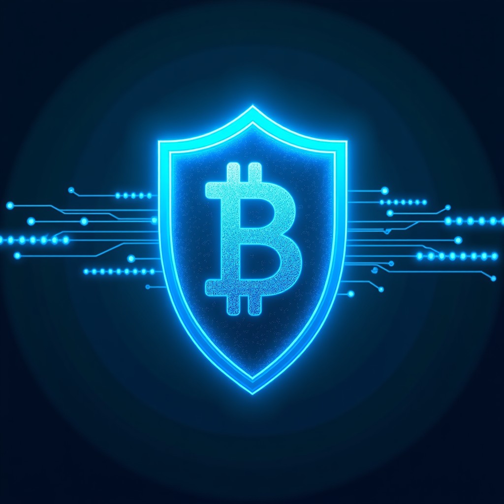 A futuristic digital shield protecting a blockchain network, glowing binary codes and circuit lines, deep blue and cyan color palette, symbolic representation of cybersecurity, high resolution, 4:3