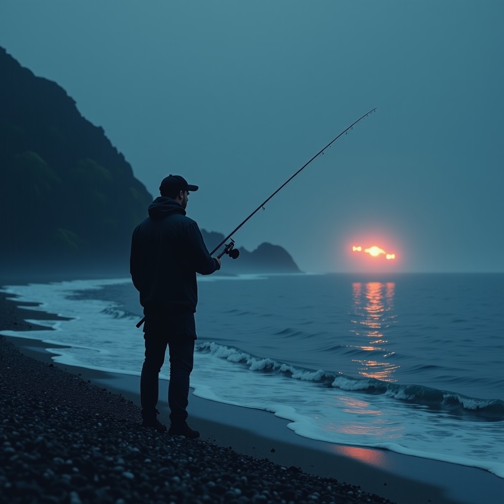 A cinematic scene of a person fishing at a coastal beach during a gentle rain with glowing fish jumping in the distance. Atmospheric lighting, textured background, artistic rendering. No text. 4:3