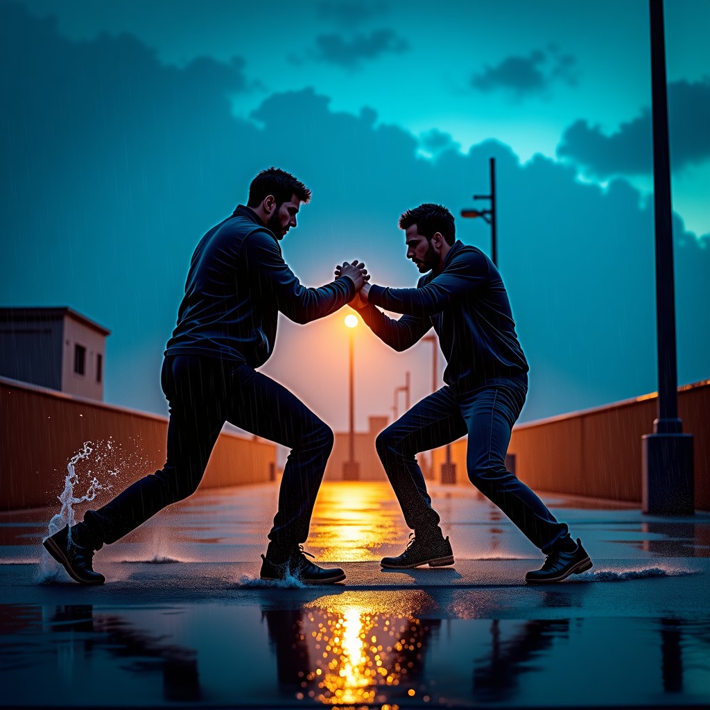 Intense action scene on a rainy rooftop at night with blue and orange cinematic lighting, two men fighting, water splashes everywhere, dynamic composition, 4:3