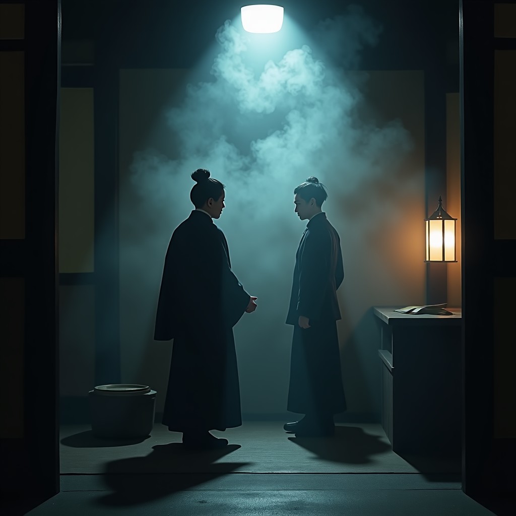 A dark and moody indoor setting in a traditional Korean hanok with secret documents and incense smoke swirling around mysterious figures in hanbok cinematic lighting no text 1:1
