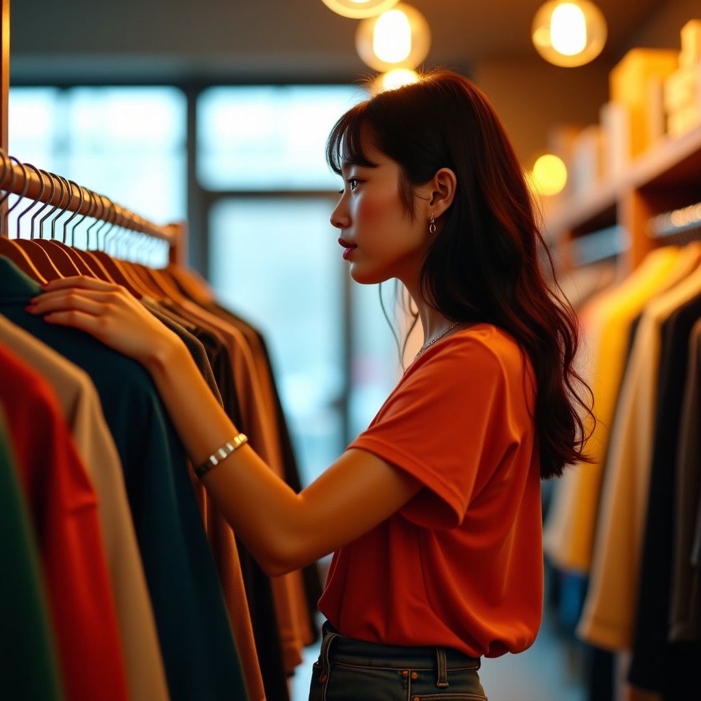 A trendy young Korean woman browsing through a rack of colorful vintage clothes in a bright, stylish boutique. The atmosphere is hip and artistic, with warm indoor lighting and a blurred background of a modern store. 4:3