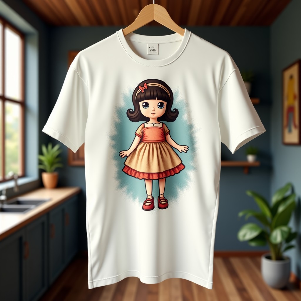 A vintage-style white t-shirt featuring a nostalgic doll graphic in the center. The shirt has a soft cotton texture and is displayed in a lifestyle setting with natural lighting. 4:3