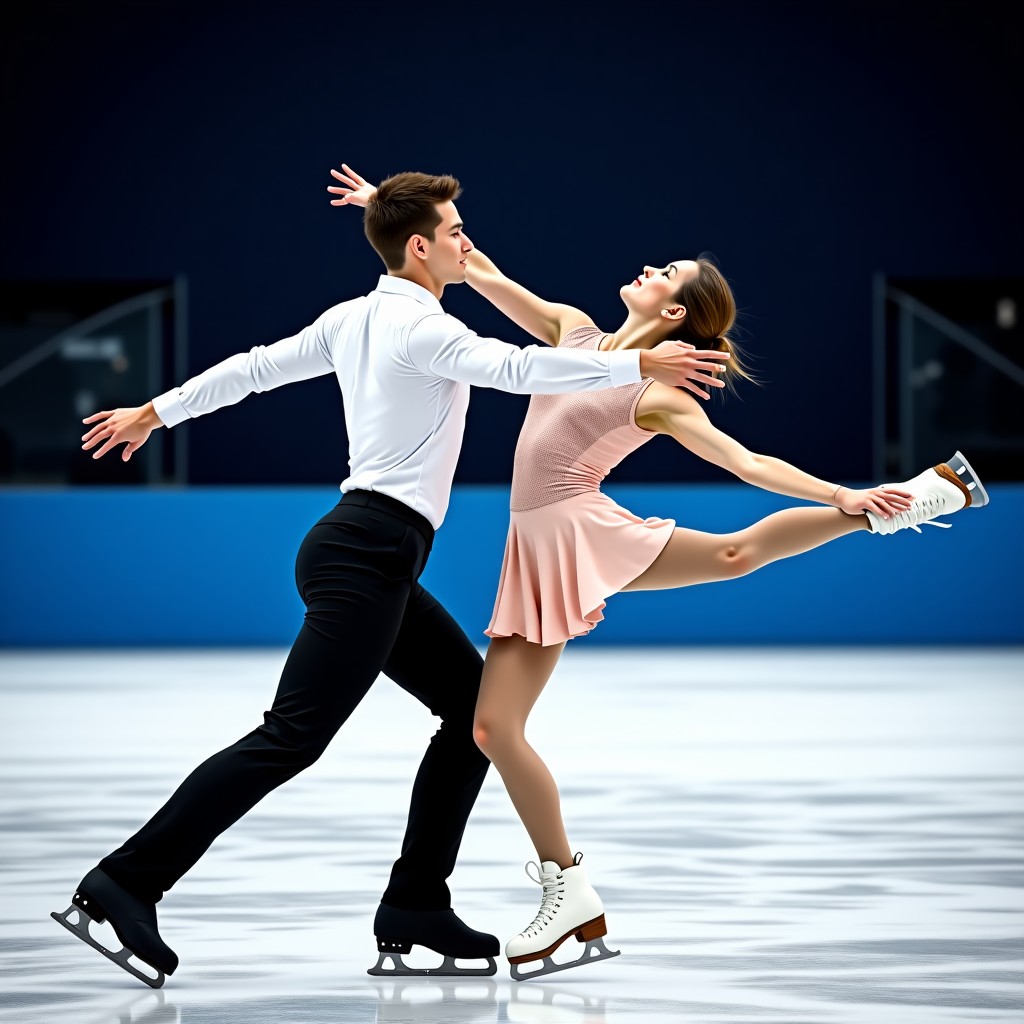 Action shot of an ice dance pair performing a difficult lift on the ice. The male skater is supporting the female skater who is in an artistic pose. The motion is dynamic and graceful. High speed photography style. No text. 4:3
