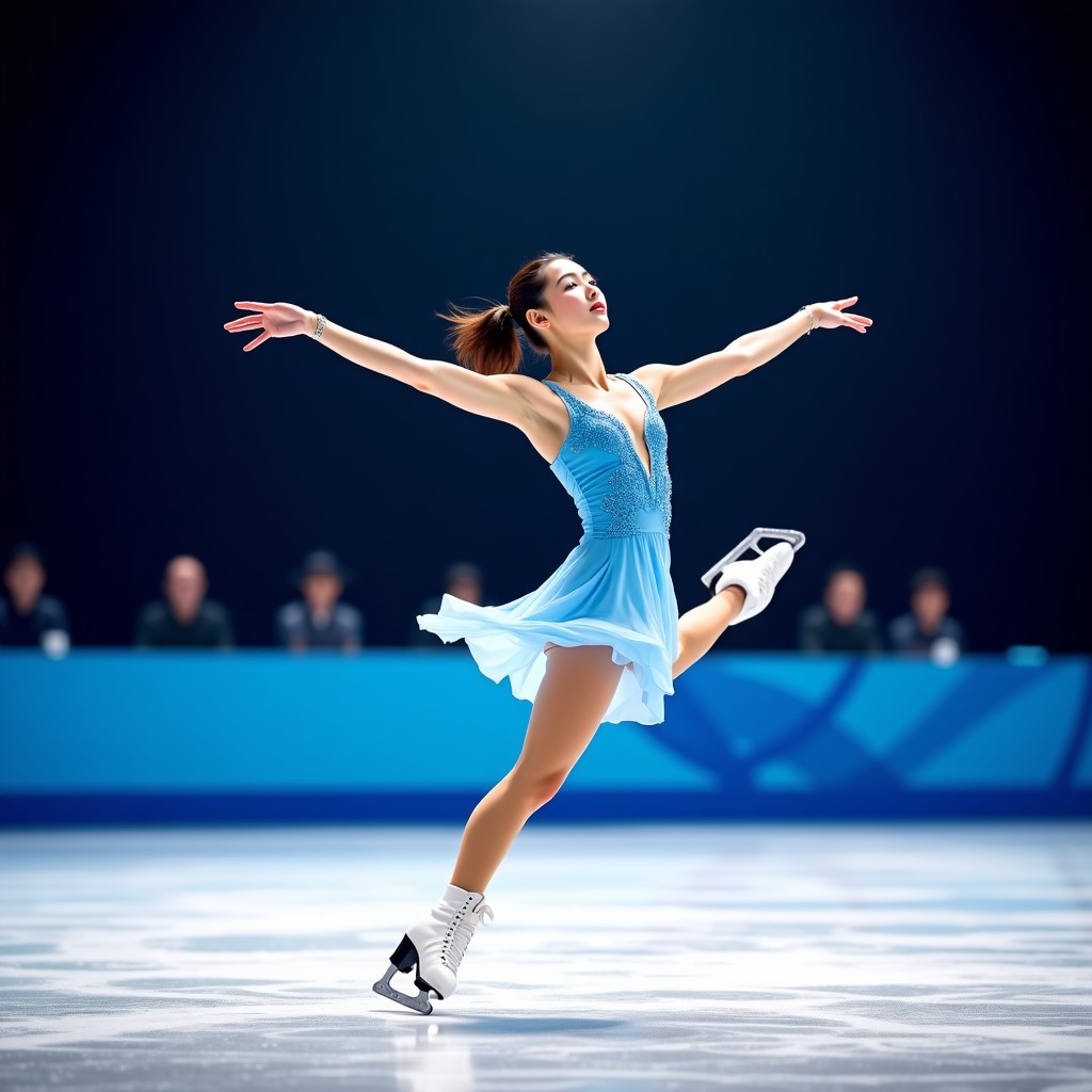 A professional female Korean figure skater performing a graceful jump on an Olympic ice rink, bright stadium lighting, wearing a sparkling blue skating dress, dynamic movement, high-quality photography, 1:1